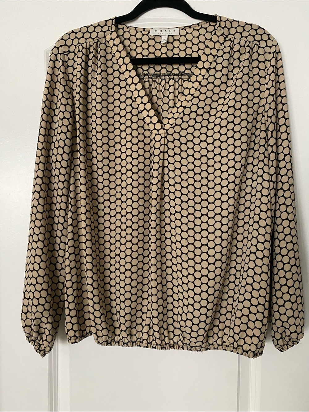 Chaus Beige and Black Dot V-Neck Blouse